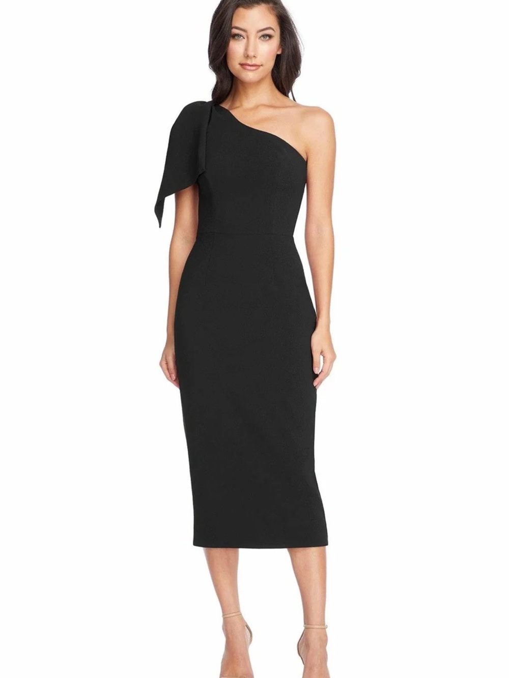 Dress the Population Tiffany Black One-Shoulder Bow Midi Dress Size L NWT